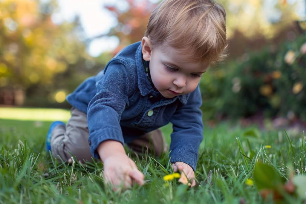 Toddler playing in the grass.