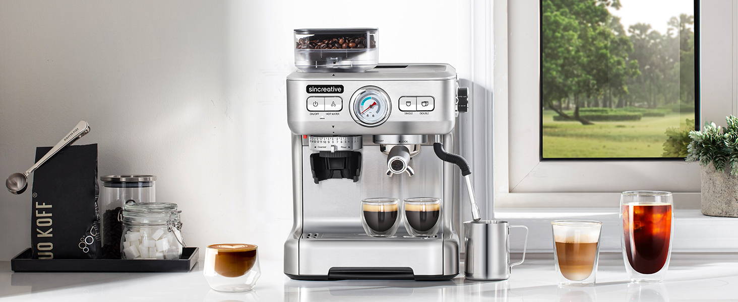 sincreative all-in-one semi-automatic espresso machine sleek design perfectly fits your very own kitchen, brewed with precision for a great tasting cup.