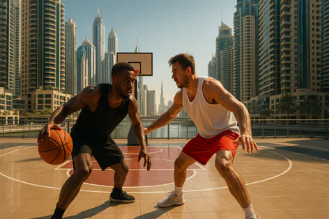 African American player dribbling against a white defender on an outdoor court in a sunny urban setting with skyscrapers behind them.