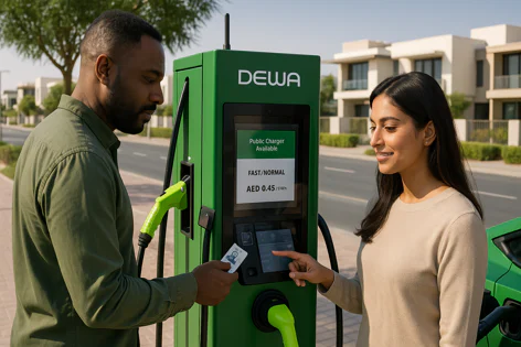 Man with card and woman using touch screen at a green DEWA public EV charging station with pricing displayed. An electric car is charging nearby.
