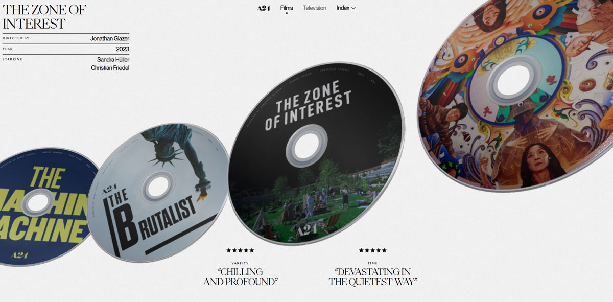Screenshot of A24 — Films, from the cool websites collection.