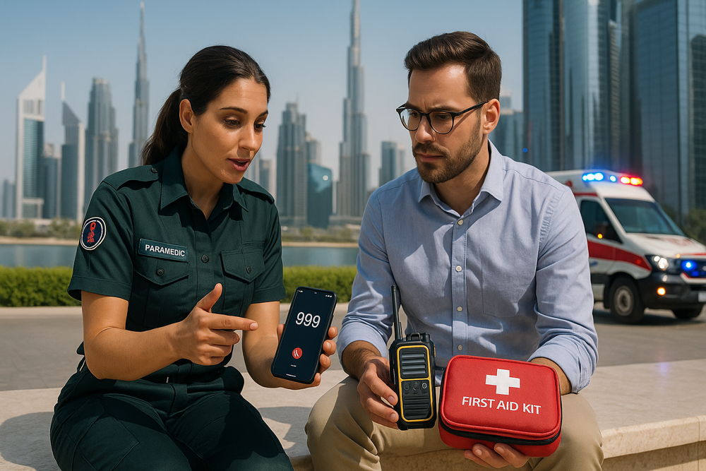 Female paramedic demonstrates calling 999 on a smartphone to a man holding a first aid kit and radio, with an ambulance in the background in a city.