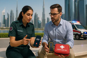 Female paramedic demonstrates calling 999 on a smartphone to a man holding a first aid kit and radio, with an ambulance in the background in a city.