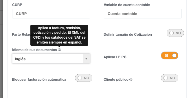 Ayuda del campo: aplica a factura, remisi&oacute;n, cotizaci&oacute;n y pedido; el XML del CFDI y los cat&aacute;logos del SAT se emiten siempre en espa&ntilde;ol