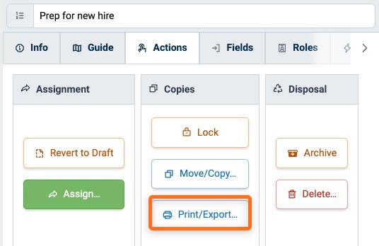 Print/Export button in the Copies panel of the Procedure Actions tab