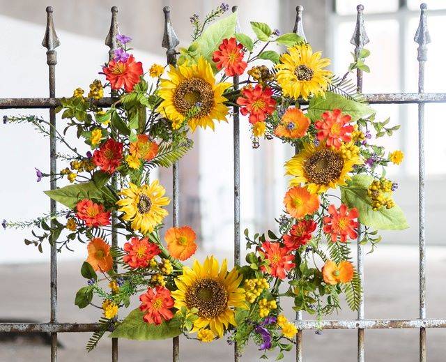 Colorful Artificial Wreath with Sunflowers and Poppies