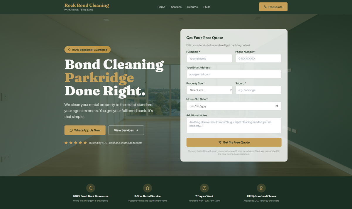 Screenshot of Rock Bond Cleaning Parkridge, from the base44 websites collection.
