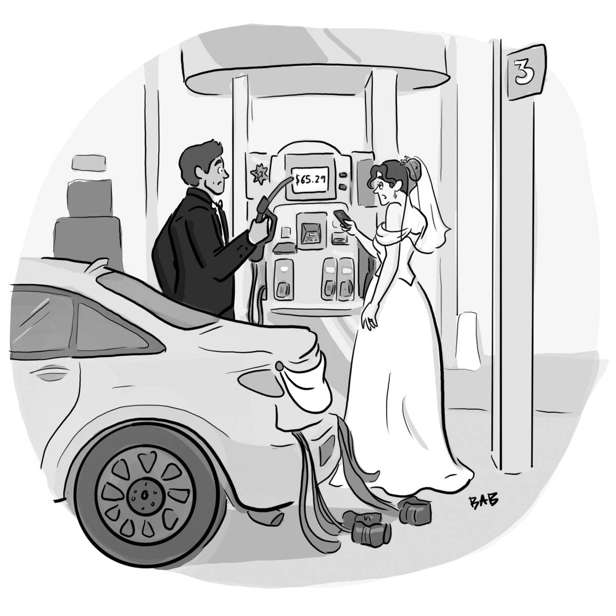 Bride and groom filling up tank of “just married” car at a gas station.