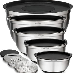 Mixing Bowls with Lids Set of 5 - Nesting Bowls with Airtight Lids and Graters - Stainless Steel Non-Slip Mixing Bowl for Baking, Food Storage and Prepping (Black)