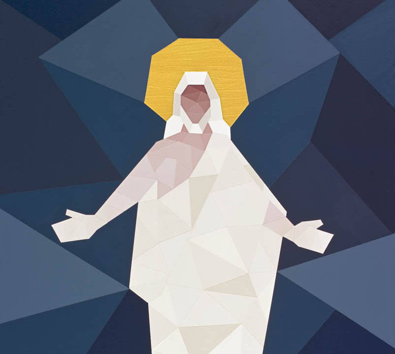 Geometric painting of Jesus with a golden halo. His skin is various shades of color.