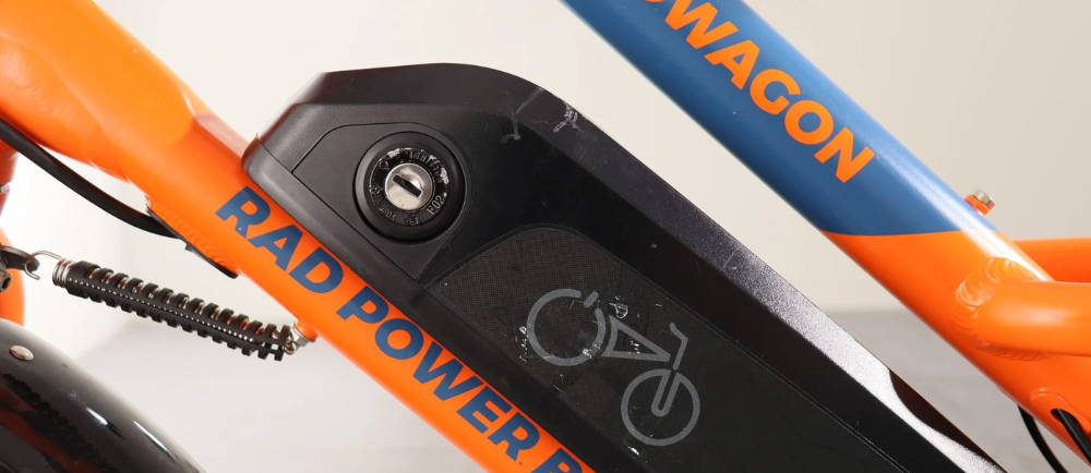Closeup of a Rad Power e-bike battery