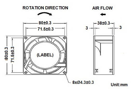 sA8038 Series AC Cooling Fan Dimensions 