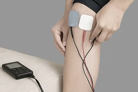 脚にケーブルを取り付ける従来型の有線TENS装置