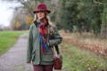 check scarf worn with country outfit in the countryside
