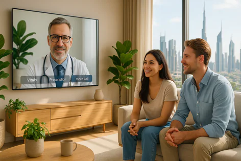 A couple watches a doctor on a large TV screen during a virtual consultation at home. Buttons for Vitals, Prescription, and Video Call are shown.