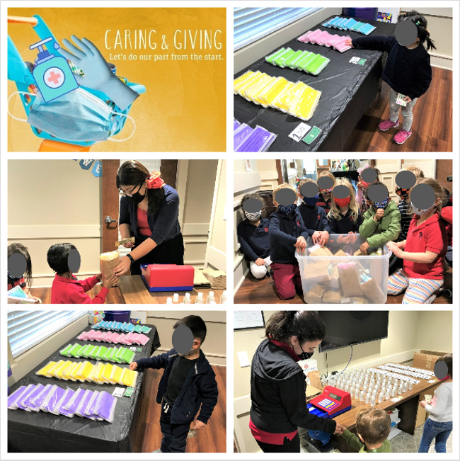 collage of children shopping for masks, hand sanitizer and gloves in our mock grocery store 