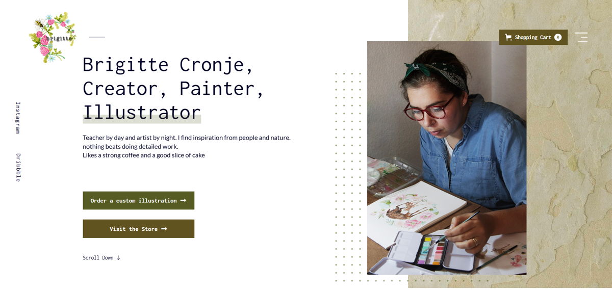 Screenshot of Brigitte Cronje, from the illustrator portfolios collection.