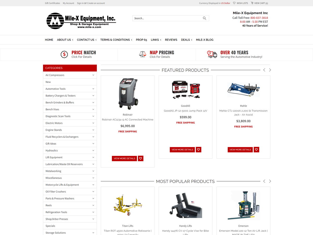 Screenshot of Mile-X Equipment, from the ecommerce websites collection.