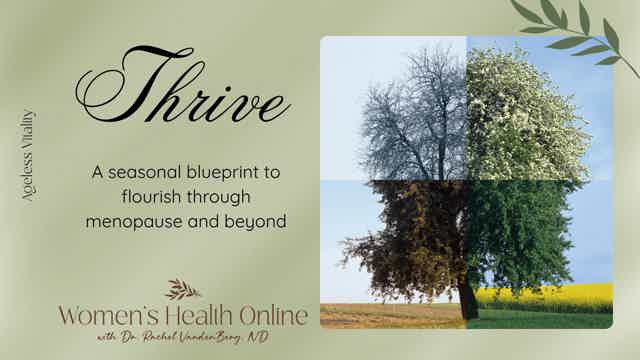 Promotional graphic for Thrive: seasonal blueprint to flourish through menopause; branding for Women’s Health Online, with a