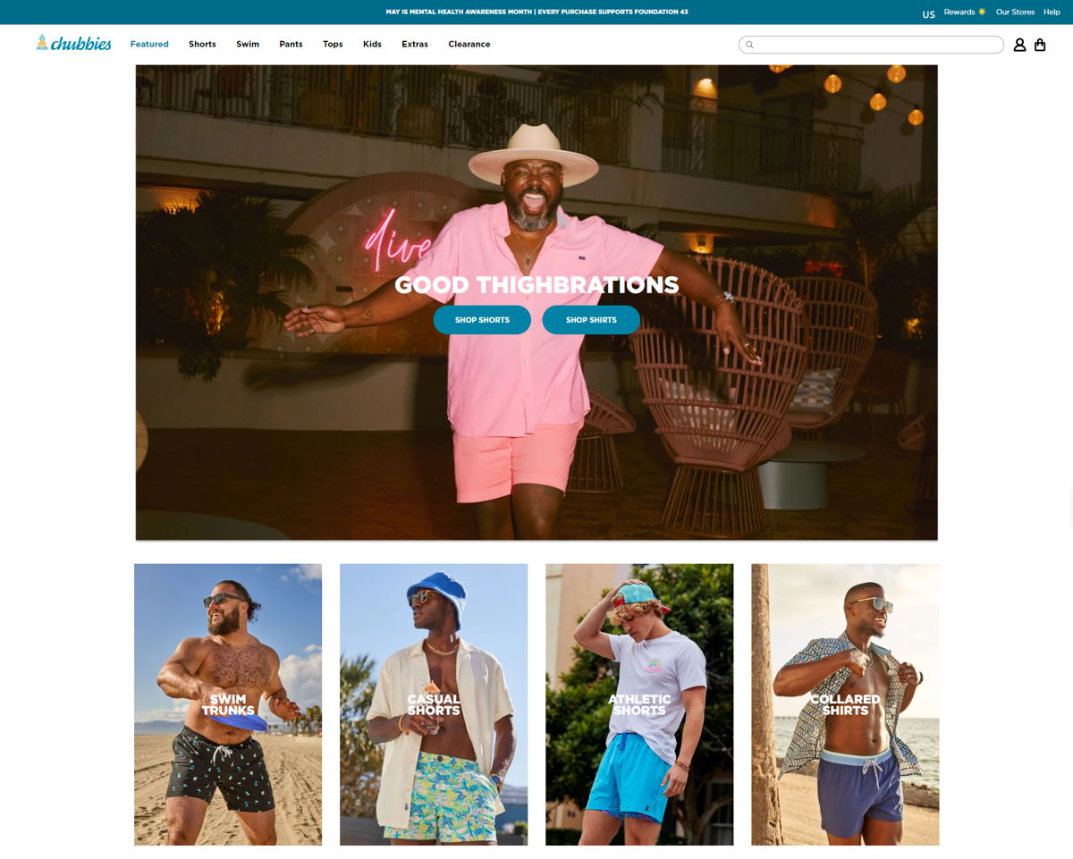 Screenshot of Chubbies, from the shopify clothing stores collection.