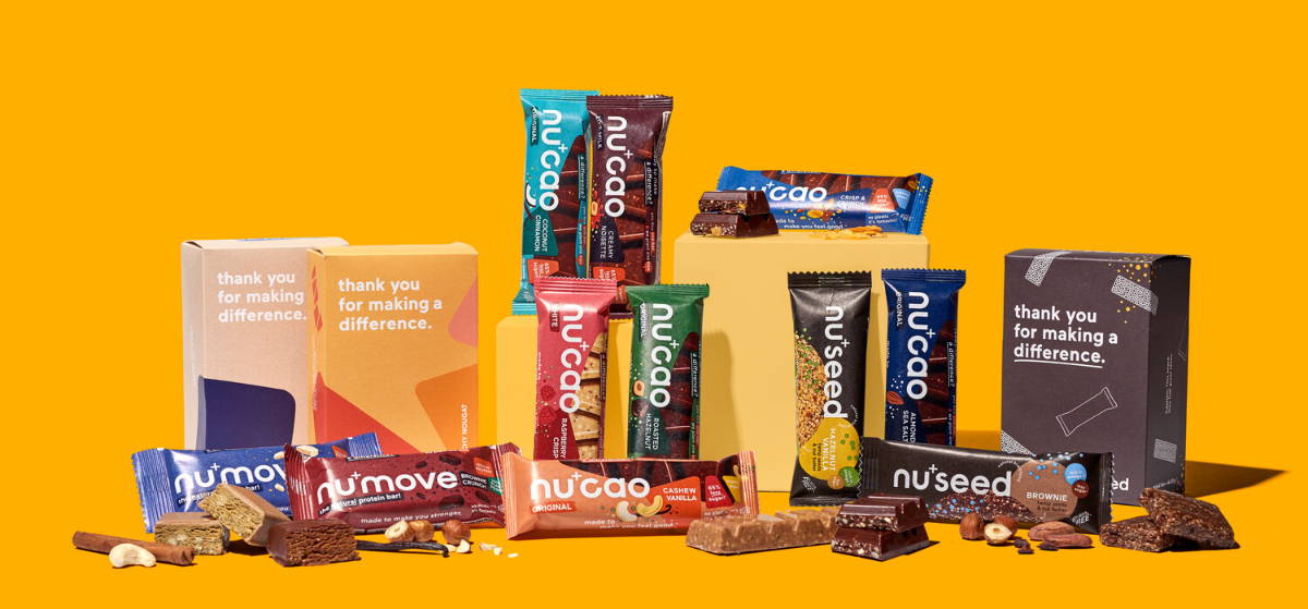 Full range of the nu company products: nucao chocolate, nuseed bar and numove protein bar