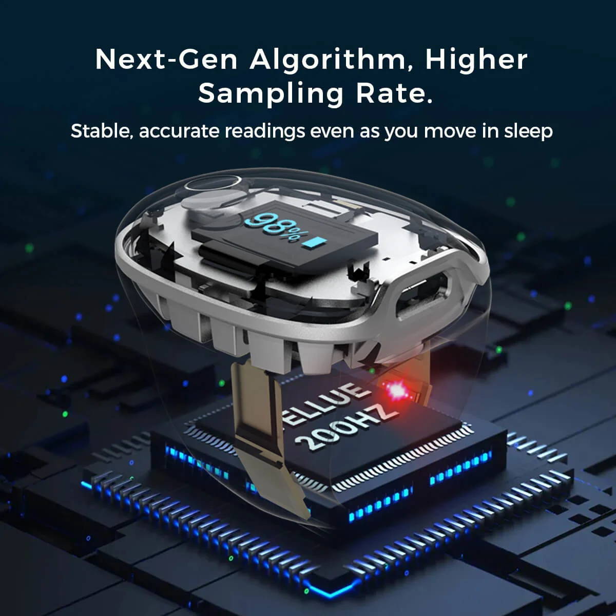 Internal view of Wellue O2Ring-S showing advanced 200Hz sensor for accurate sleep tracking