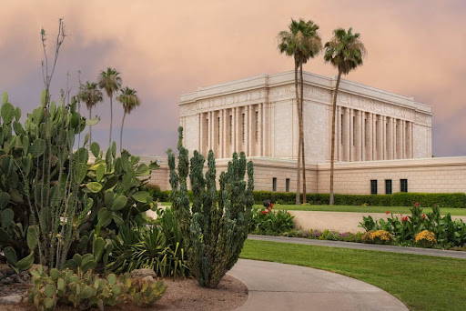 Mesa Temple picture featuring a decorateive bed of various cacti.