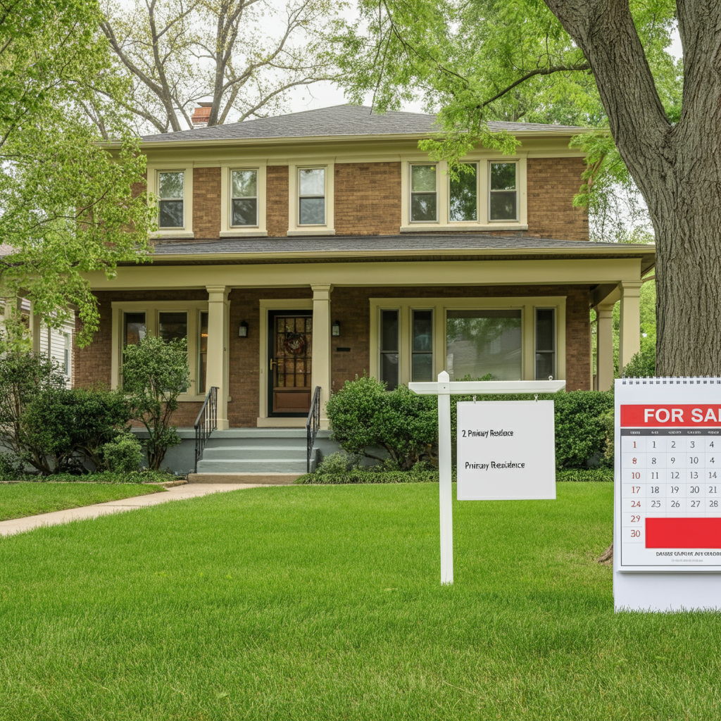 A warm, inviting Illinois family home with a For Sale sign in the front yard. A calendar on the lawn shows 2 years highlighted in green (marked Primary Residence) within a 5-year timeline, visually representing the ownership and use test requirement for the capital gains exclusion.