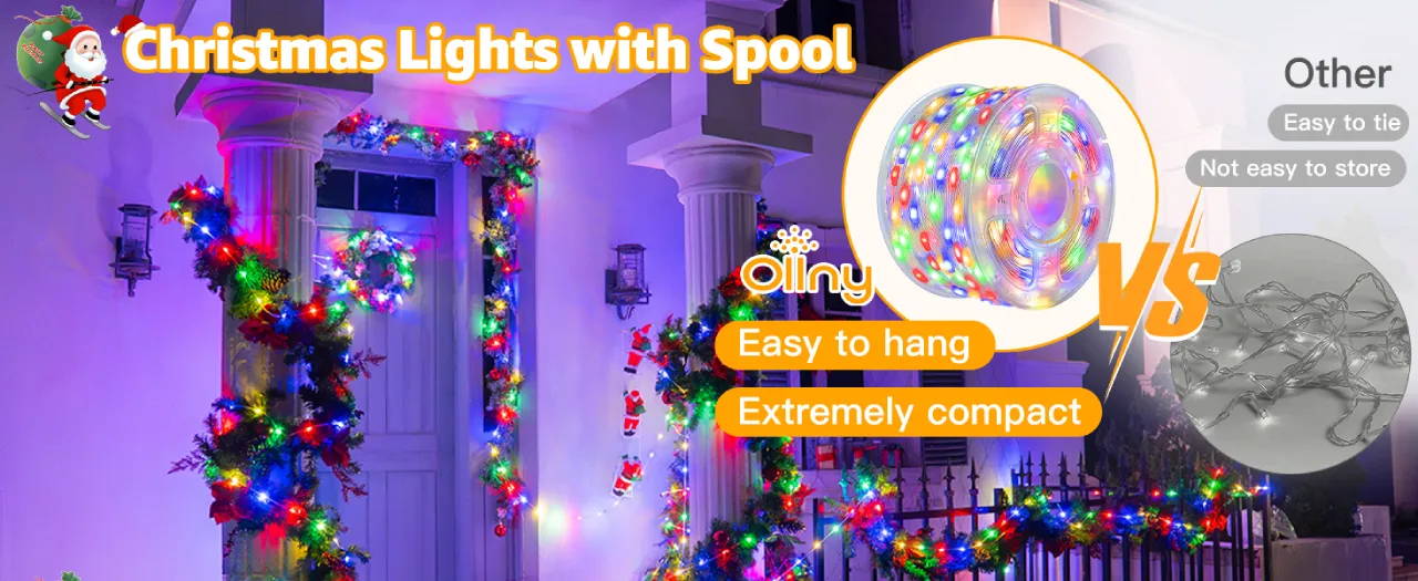 Features of Ollny's 800 leds clear cable cool white string lights - desktop size