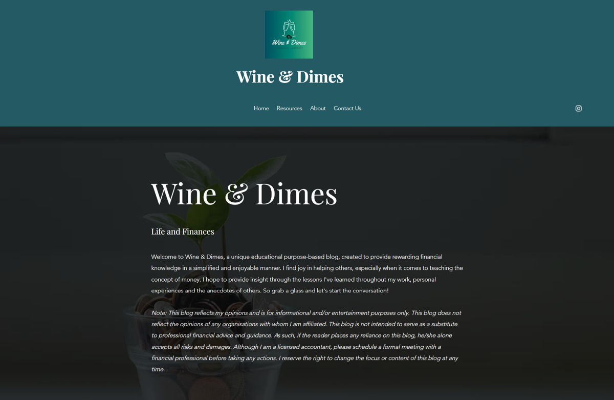 Screenshot of Wine & Dimes, from the wix blog examples collection.