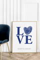 love poster with letter o replaced by fingerprint heart