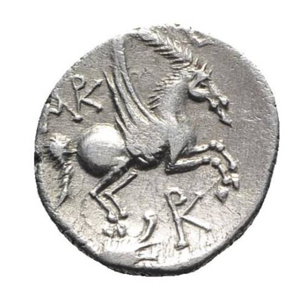 Ancient Roman Republic coin of Pegasus holding a palm frond in his mouth.