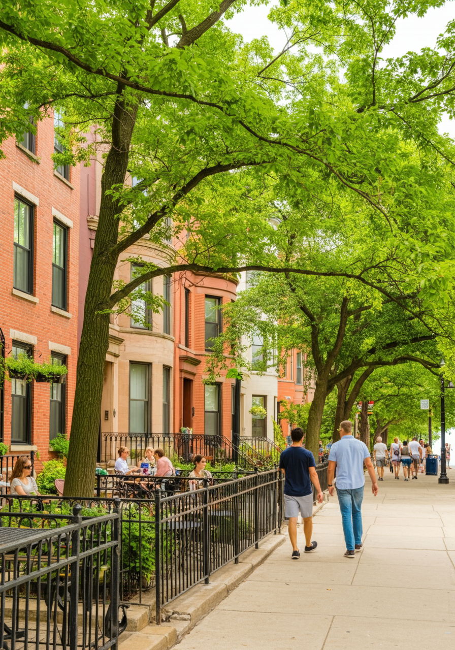 Lincoln Park summer scene with lush green canopy over historic brownstones. Outdoor cafes with patrons enjoying the weather and families walking toward the lakefront demonstrate the neighborhood's vibrant summer lifestyle that attracts relocating executives and families.