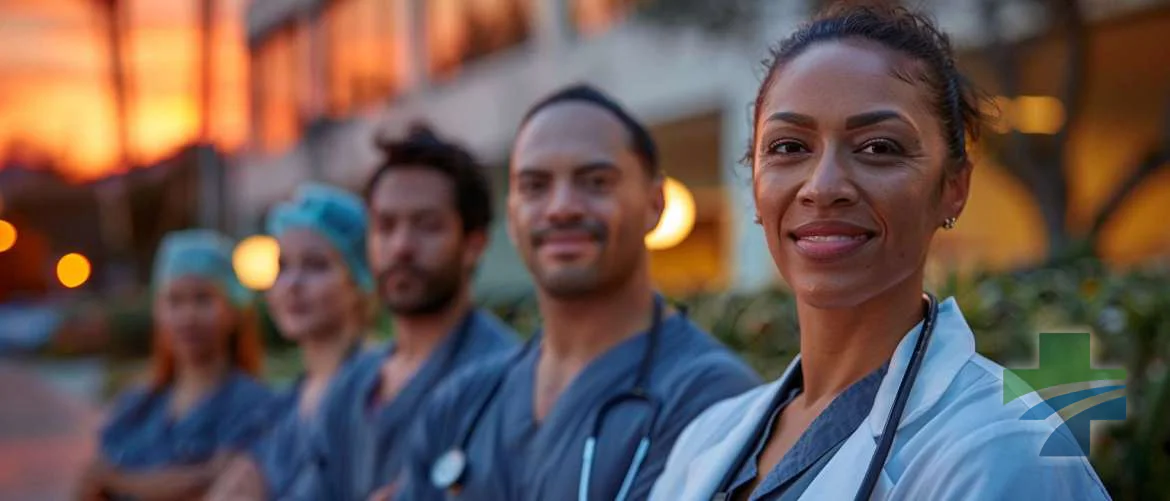 Healthcare professionals at twilight, symbolizing hope and commitment