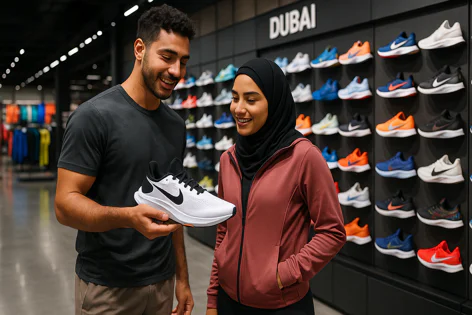A smiling man shows a white Nike running shoe to a smiling woman wearing a hijab inside a Nike store in Dubai with shelves of colorful athletic shoes in the background.