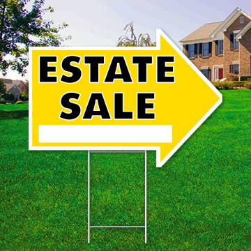 17" x 23" yellow arrow shaped sign saying ' Estate Sale' 