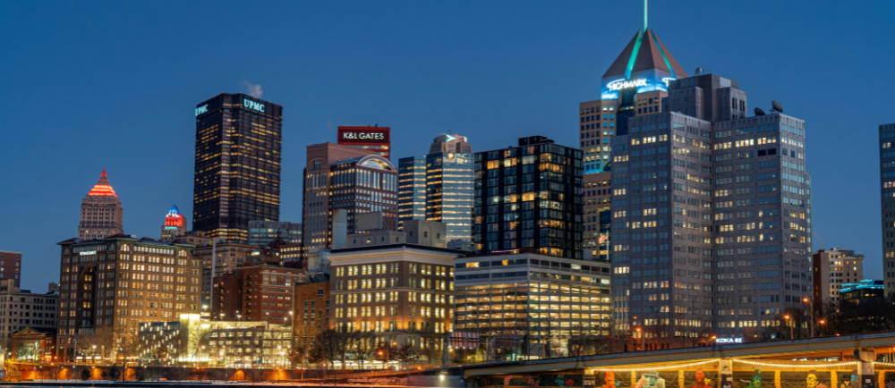 city buildings in Pittsburgh, Pennsylvania at night