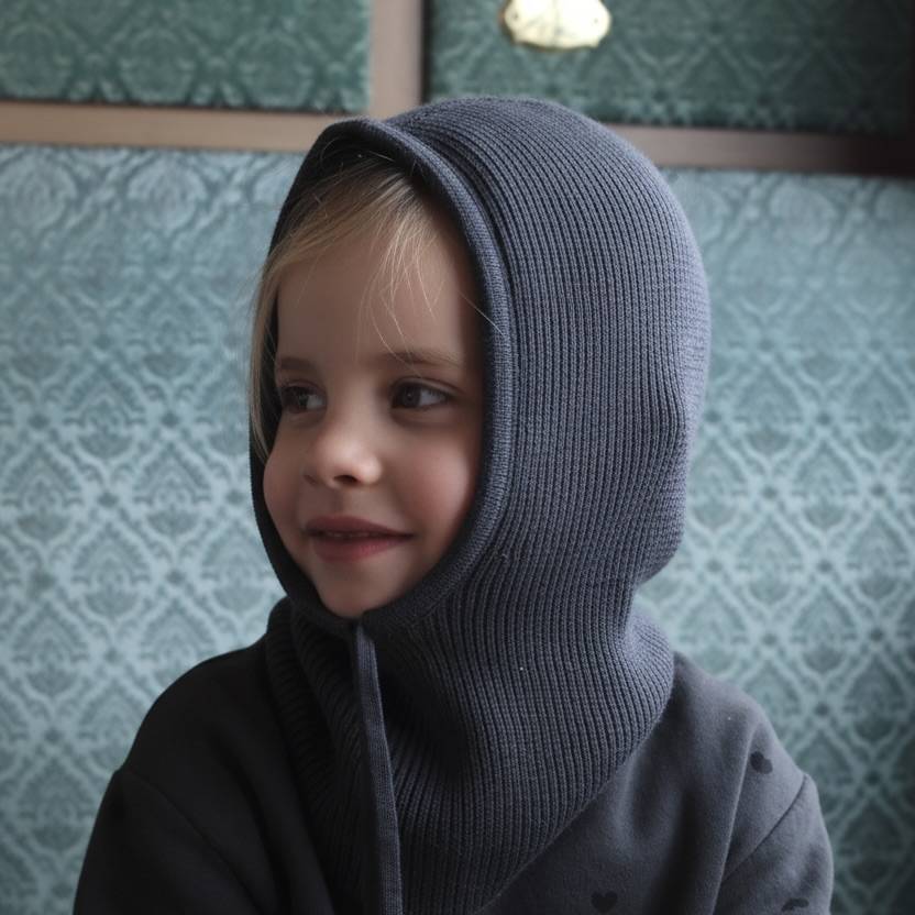 Cagoule laine premium, enfant adulte, fabrication Italie, élégance, confort, chaleur, douceur, qualité supérieure, style chic, durable, respirante, protection hiver, design soigné.