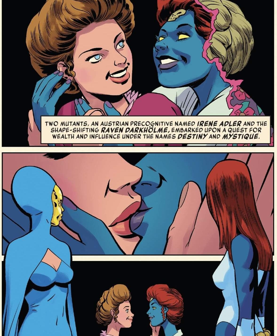 Destiny talking to Mystique reflecting on an intimate moment and kissing.