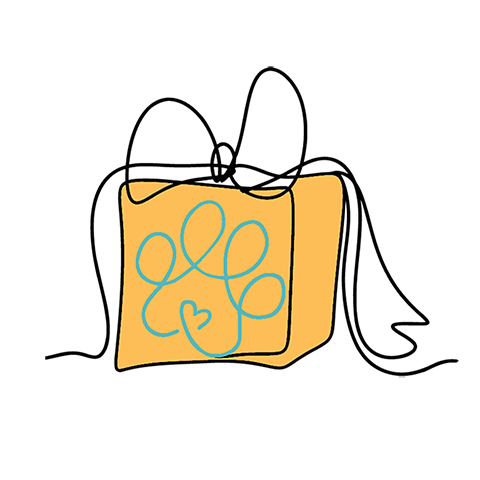 Line drawing of present with bow and has paw print on the side