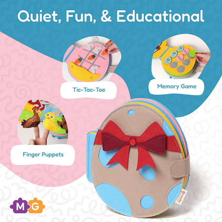 Infografika prezentująca różne elementy gry Montessori Rabbit's Book.