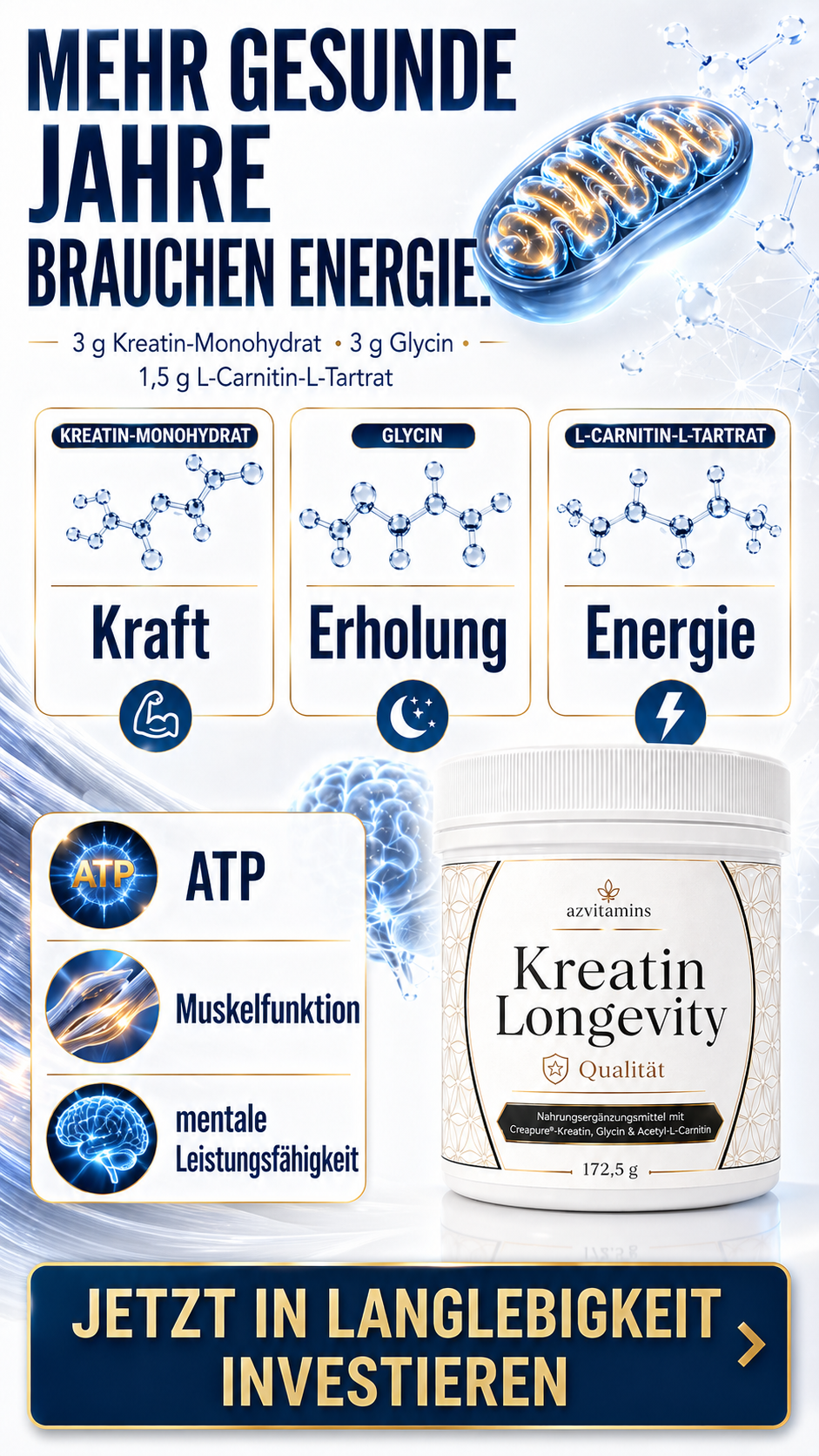 Die 3er-Formel mit Kreatinmonohydrat Creapure, Glycin und Acetyl L-Carnitin.