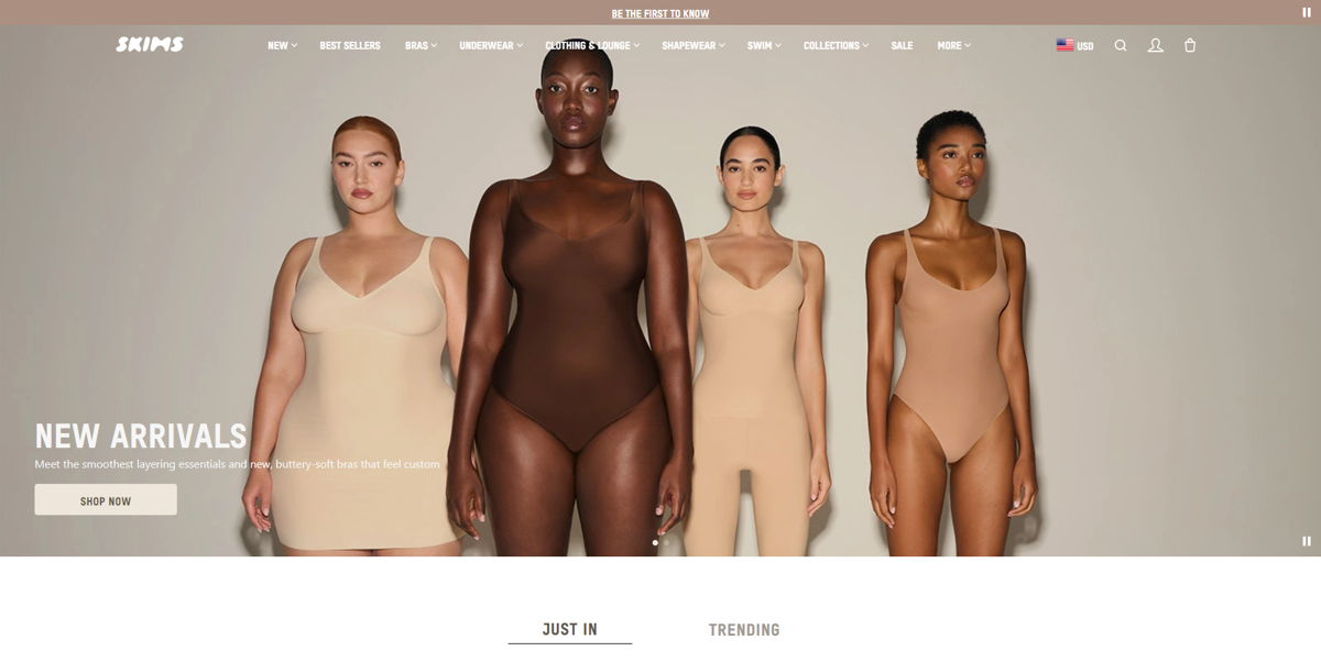 Screenshot of Skims by Kim Kardashian, from the influencer websites collection.