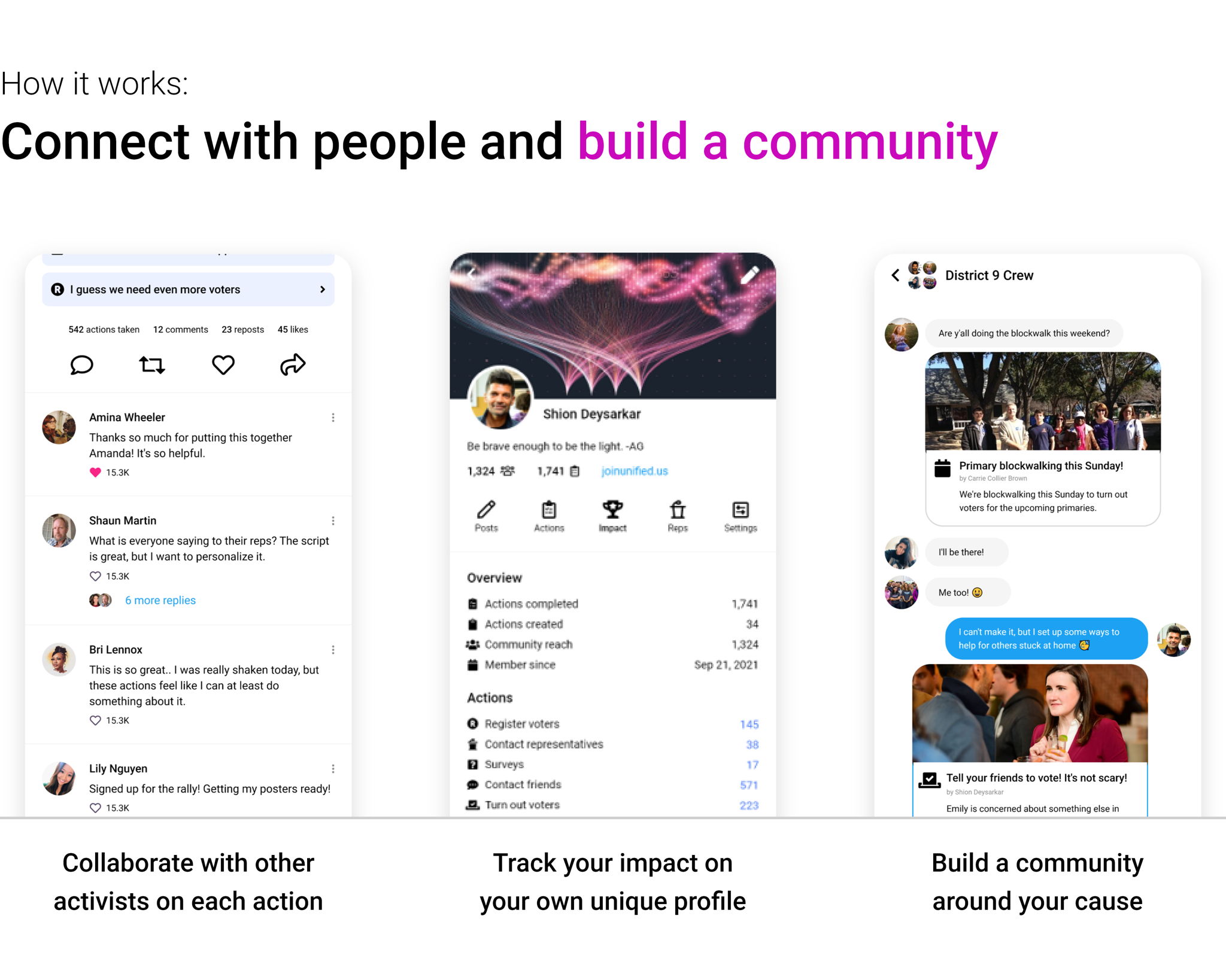 How it works: Connect with people and build a community.  Collaborate with other activists on each action.  Track your impact on your own unique profile.  Build a community around your cause.