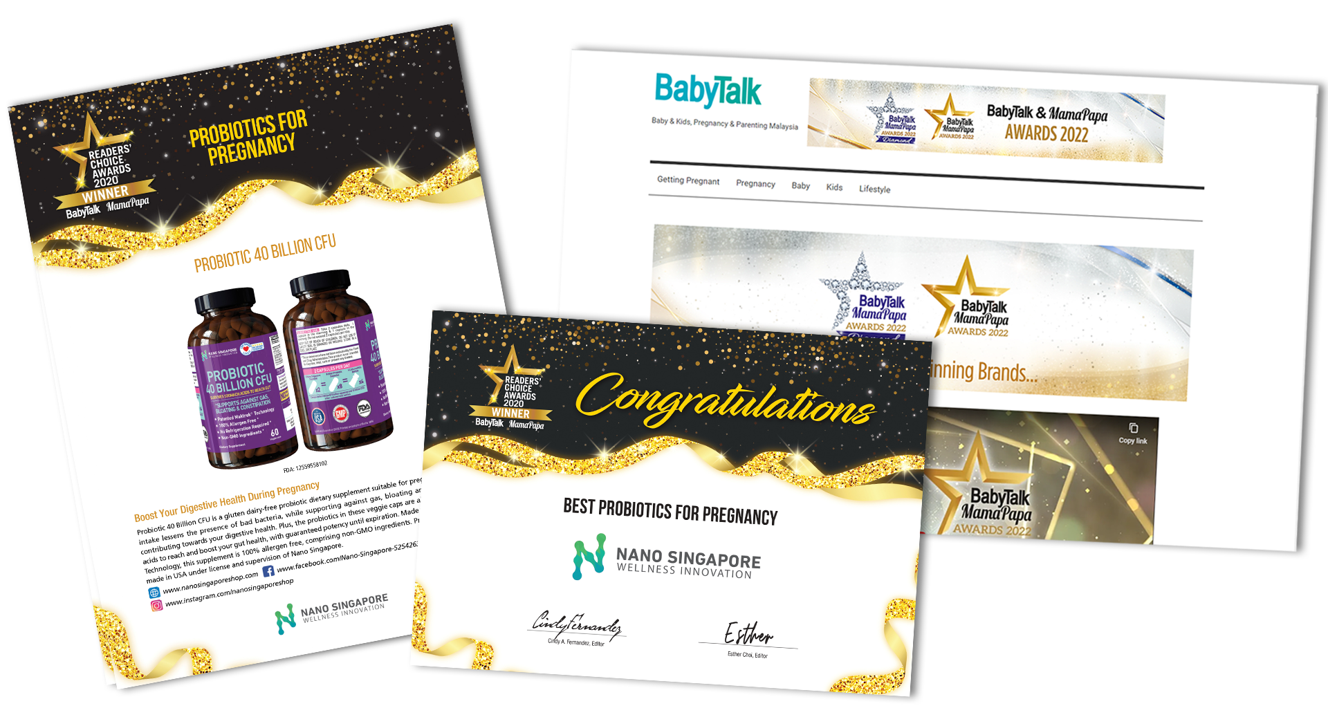 Nano SIngapore's best probiotic supplement certificate from Reader's choice award 2020