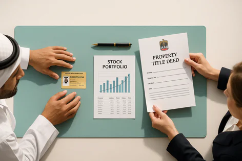Close-up of hands examining investment and residency documents on a desk, including a UAE Golden Visa card, stock portfolio chart, and property title deed.