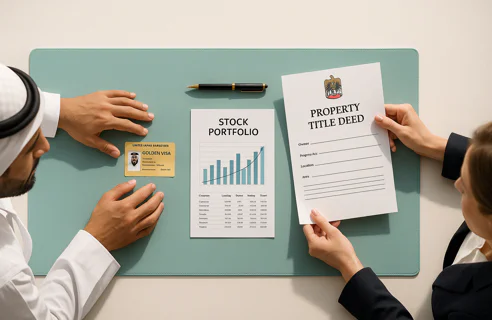Close-up of hands examining investment and residency documents on a desk, including a UAE Golden Visa card, stock portfolio chart, and property title deed.