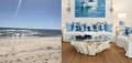 Sunny day beach scene with living room photo of blues and whites
