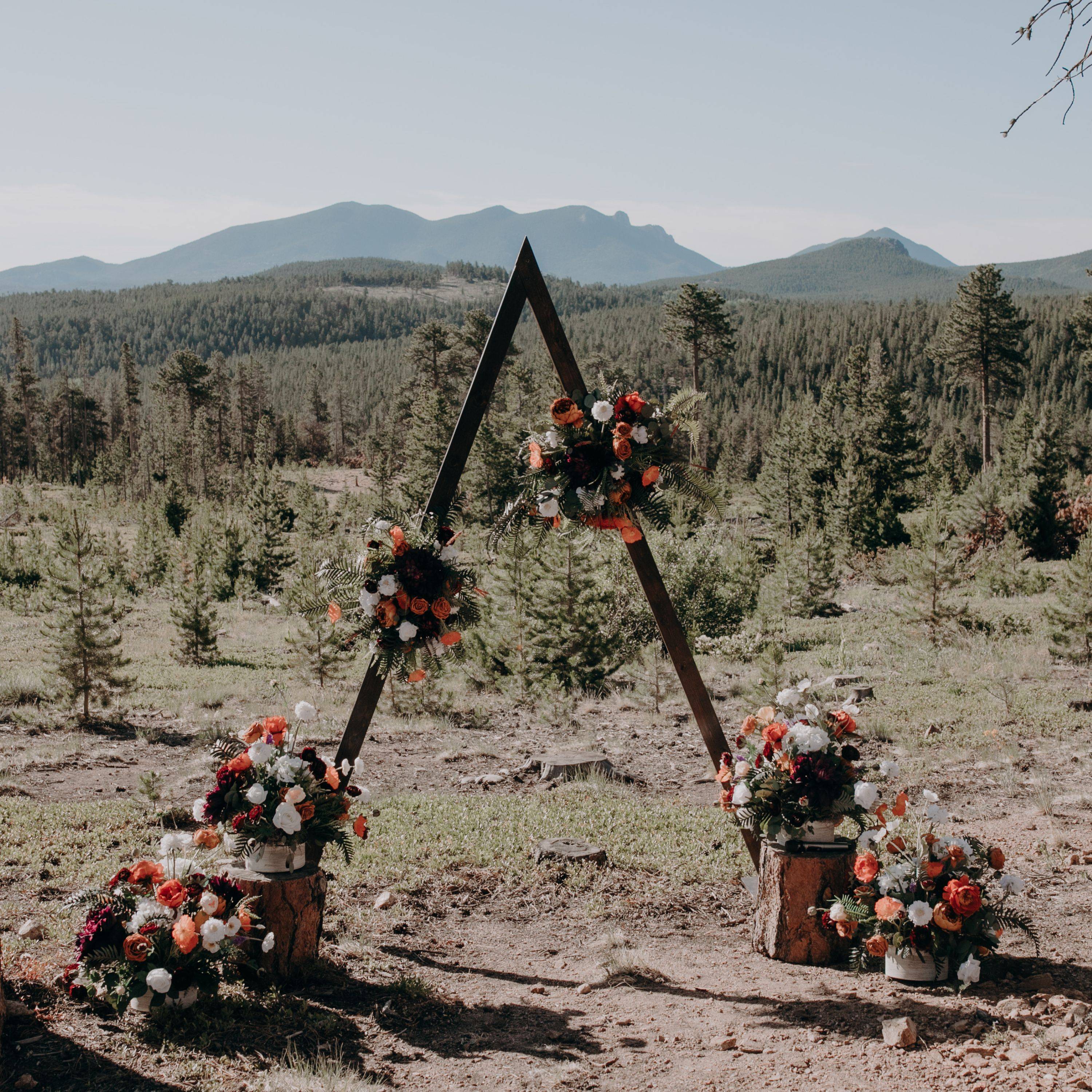A bride and groom kiss in front of Compass Rose Floral's wooden triangle arch that has two small swags made of orange poppies, mustard dahlias, cream feathers, blush ranunculus, and eucalyptus 