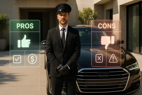 A professional chauffeur in uniform stands beside a black luxury car with glowing 'PROS' and 'CONS' overlays.